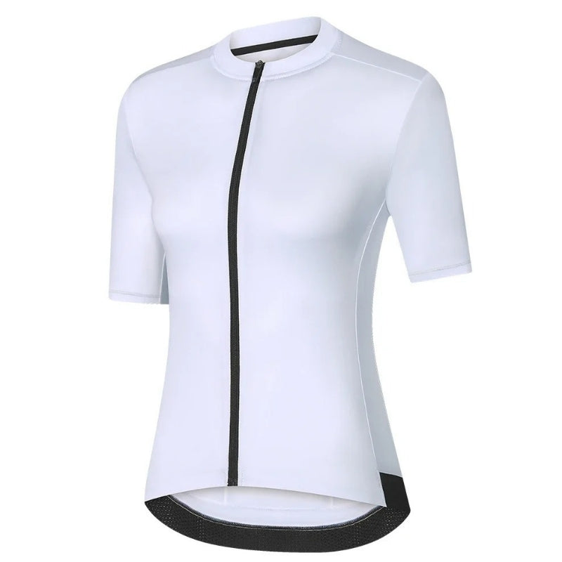 White cycling jersey with black accents on a white background