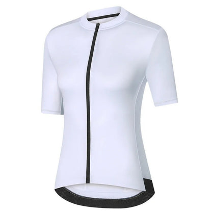 White cycling jersey with black accents on a white background