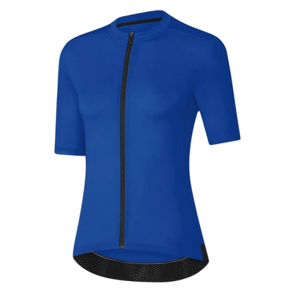 Blue cycling jersey with a black zipper on a white background