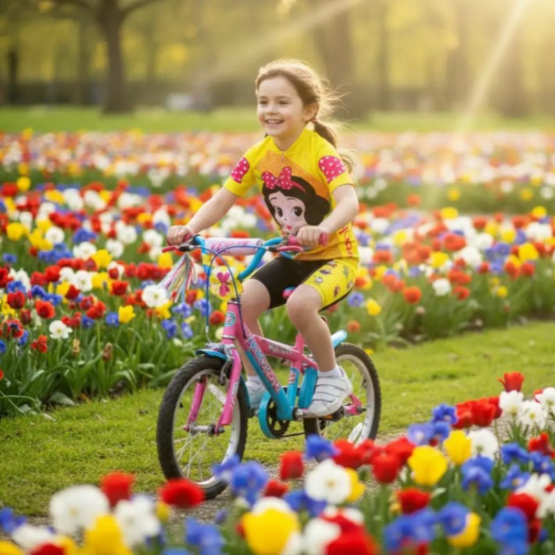 Child riding a bicycle in a field of colorful flowers