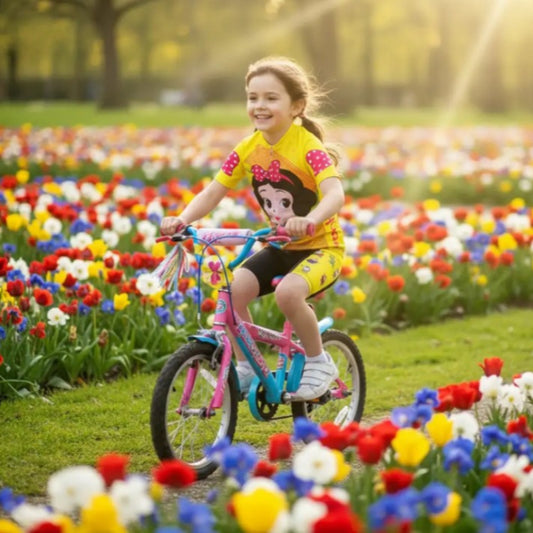 Child riding a bicycle in a field of colorful flowers