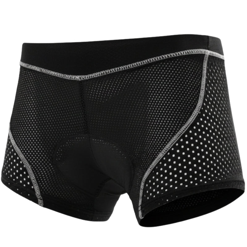Black athletic shorts with mesh design on a white background