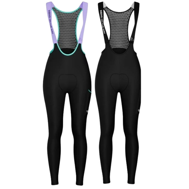 Black cycling bib shorts with patterned back on a white background
