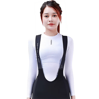 Woman wearing a white long-sleeve shirt with black suspenders on a white background