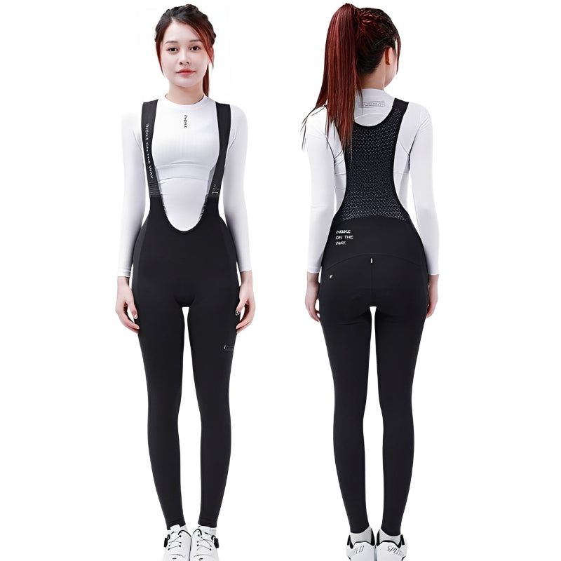 Person wearing a black and white outfit with suspenders, front and back views.