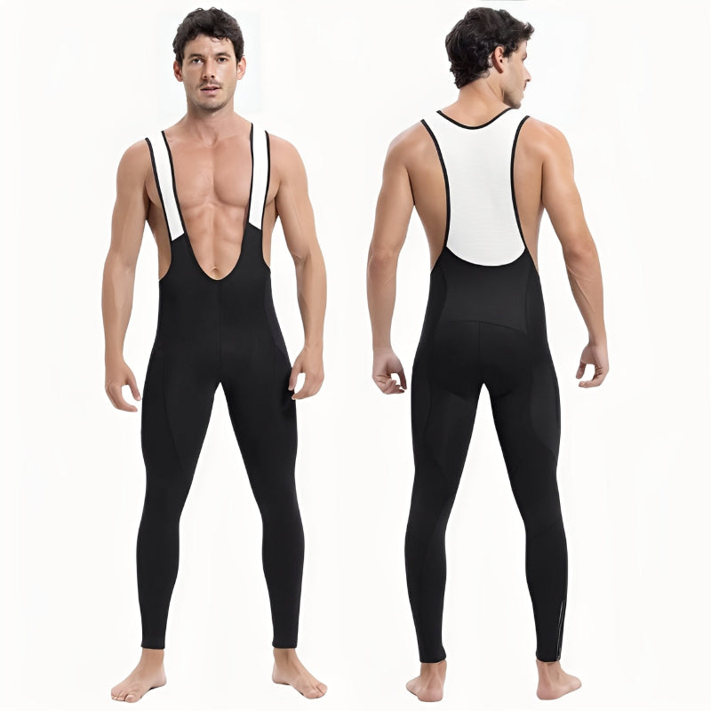 Black cycling bib shorts worn by a model on a white background