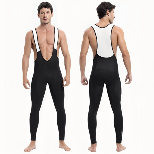 Black cycling bib shorts worn by a model on a white background