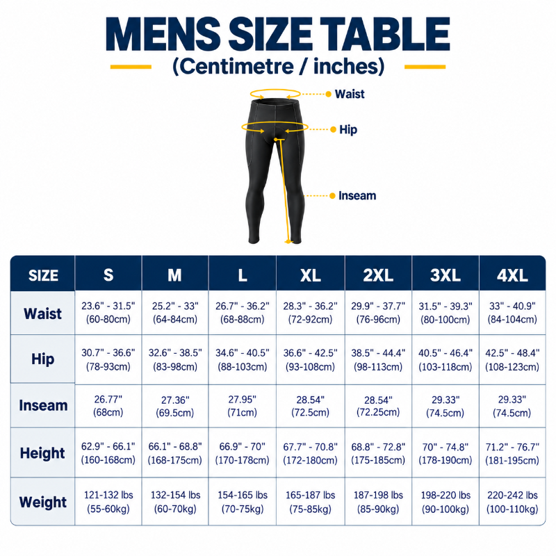 A men's size table in centimeters/inches with a body silhouette showing waist, hip, and inseam measurement areas, plus columns for S, M, L, XL, 3XL, and 4XL, height, and weight.