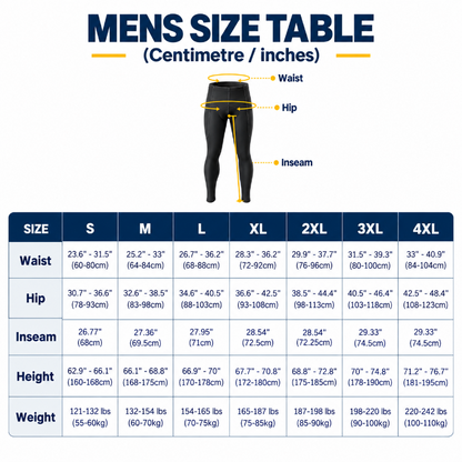 A men's size table in centimeters/inches with a body silhouette showing waist, hip, and inseam measurement areas, plus columns for S, M, L, XL, 3XL, and 4XL, height, and weight.