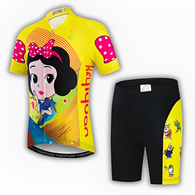 Cycling jersey and shorts with Snow White design on a white background