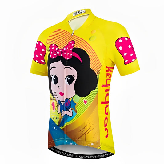 Yellow cycling jersey with cartoon character design on a white background
