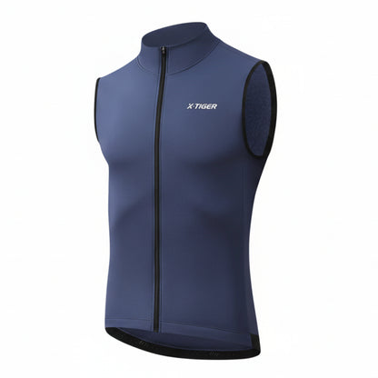 Blue winter warm cycling vest with X-Tiger branding on a white background