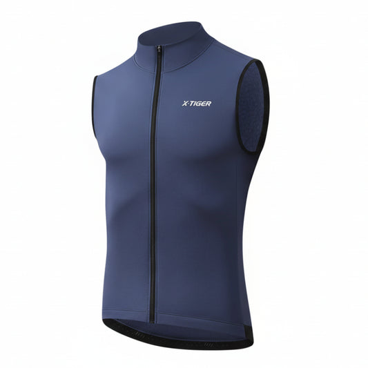 Blue winter warm cycling vest with X-Tiger branding on a white background