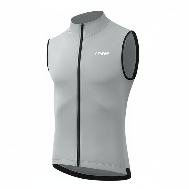 Gray cycling vest with black accents on a white background