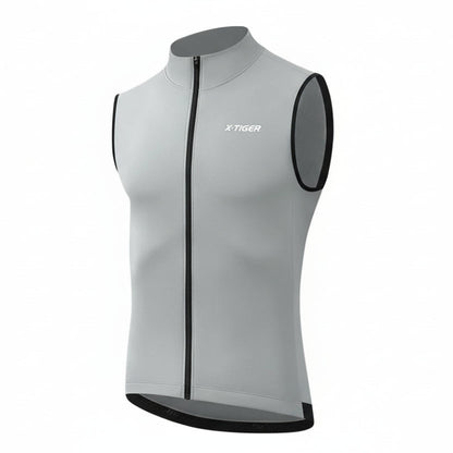 Gray cycling vest with black accents on a white background