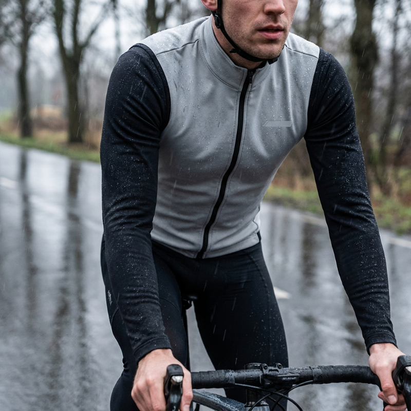 Person cycling on a wet road wearing a gray and black cycling outfit.