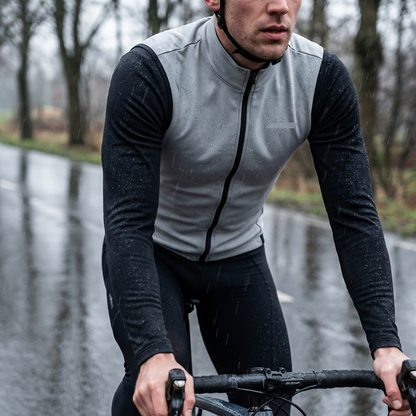 Person cycling on a wet road wearing a gray and black cycling outfit.