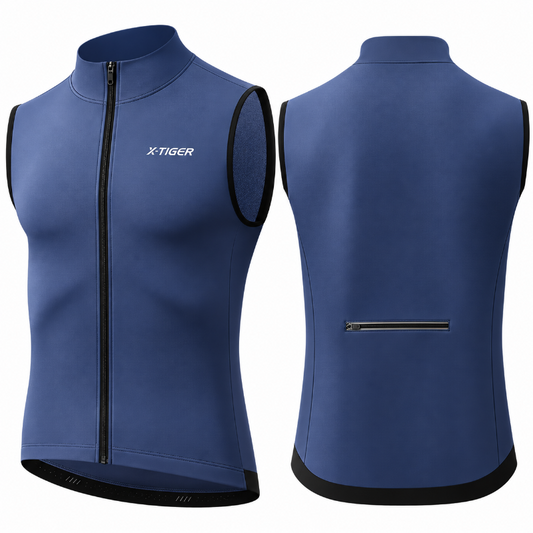 A blue sleeveless cycling vest shown from both front and back views. The front features a full-length black zipper, a high collar, 