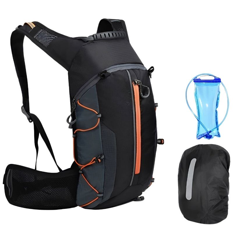 Black hydration backpack with water bladder and cover on a white background