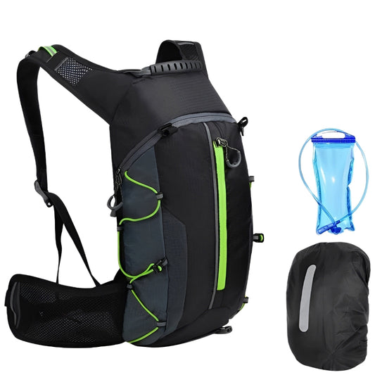 Black backpack with green accents, hydration bladder, and cover on a white background
