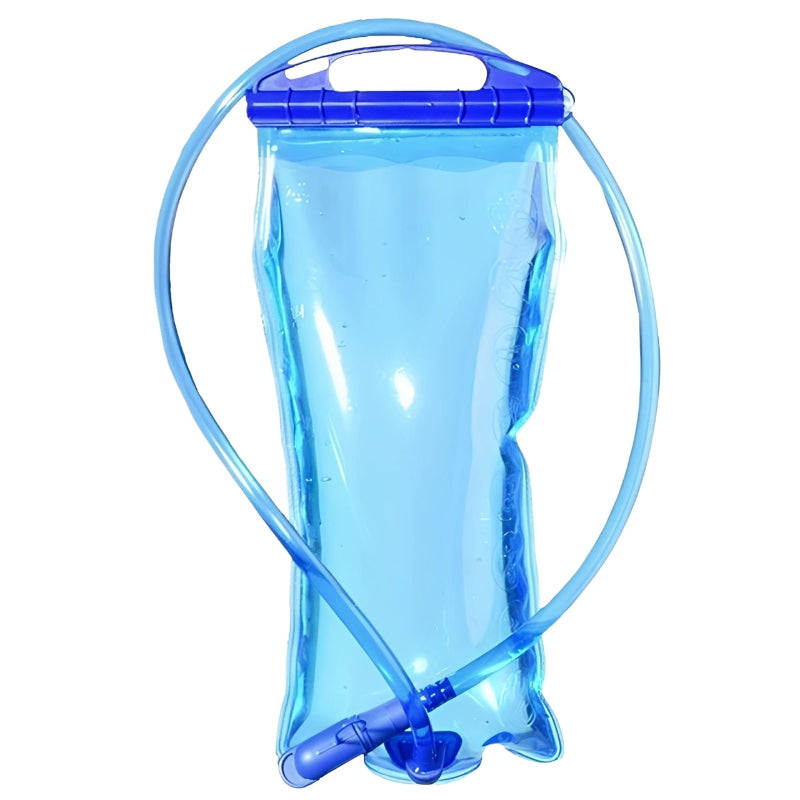 Blue hydration bladder with handle and hose on a white background