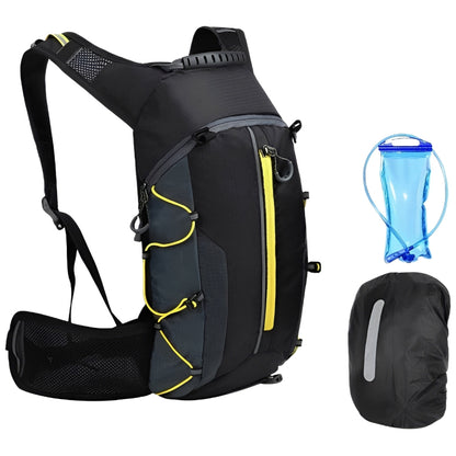 Black hydration backpack with yellow accents, water bladder, and rain cover on a white background
