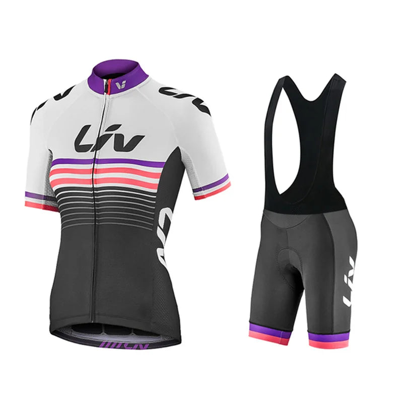 Cycling jersey and bib shorts set with 'Liv' branding on a white background
