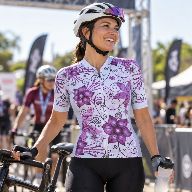 A woman wearing a white and purple floral cycling jersey, a white helmet, and black cycling shorts rides a bicycle at an outdoor cycling event.