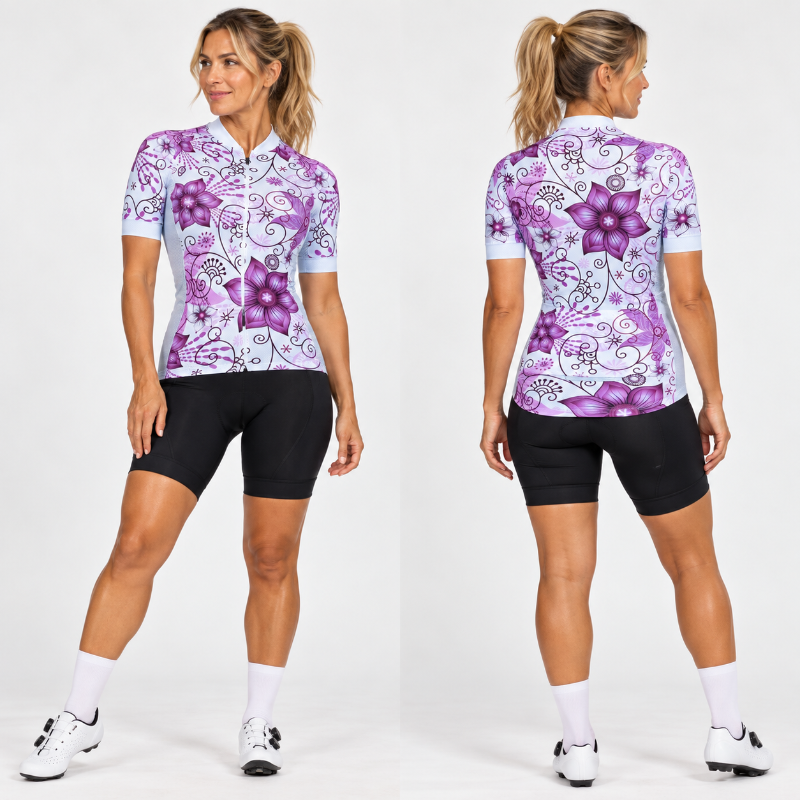 A woman modeling a short-sleeve cycling jersey from the front and back, paired with black cycling shorts, white socks, and cycling shoes, against a clean white studio background.