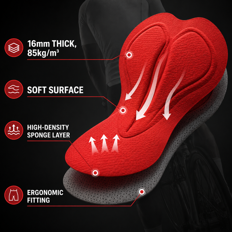An infographic-style product image showing a red athletic shoe insert or cushion on a dark background, with callouts reading '16mm THICK, 85kg/m³', 'SOFT SURFACE', 'HIGH-DENSITY SPONGE LAYER', and 'ERGONOMIC FITTING'. White arrows indicate cushioning direction.