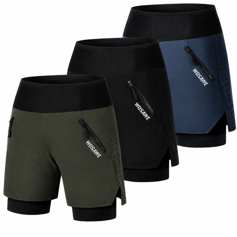 Three pairs of women's double-layered athletic shorts shown in olive green, black, and navy blue, featuring a zippered side pocket 