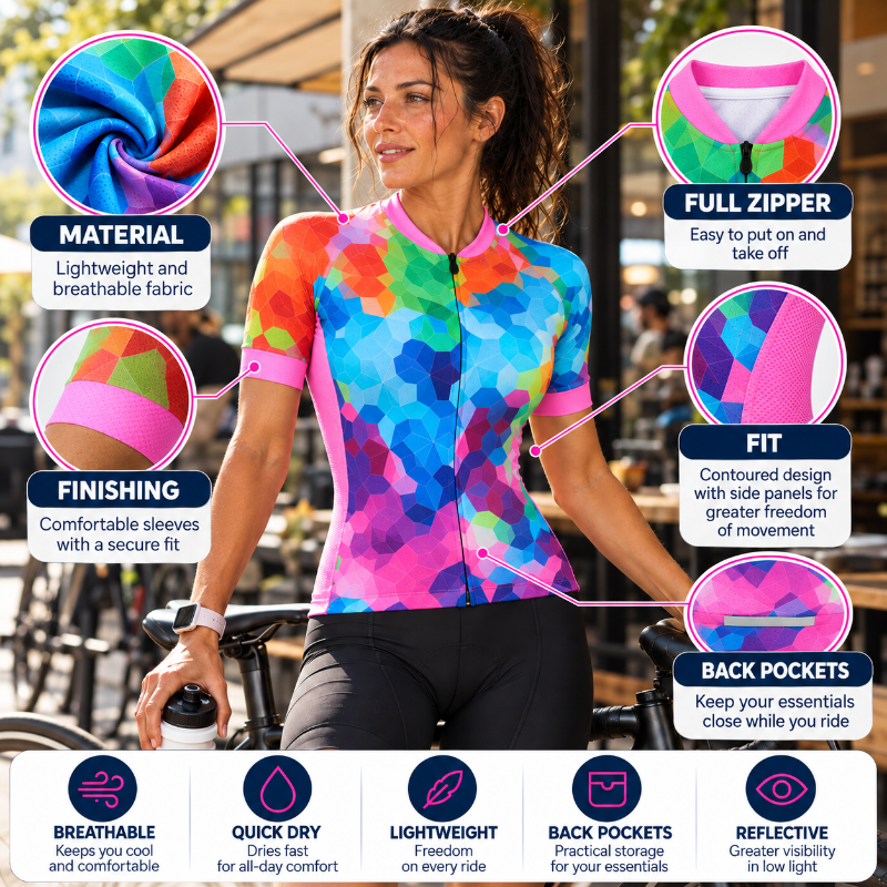 A woman wearing a short-sleeve athletic cycling jersey with a bright geometric multicolor pattern, shown on a bicycle with callout circles highlighting fabric, zipper, finish, fit, and pockets. The image includes feature badges and text about breathability, quick dry, lightweight, and back pockets.