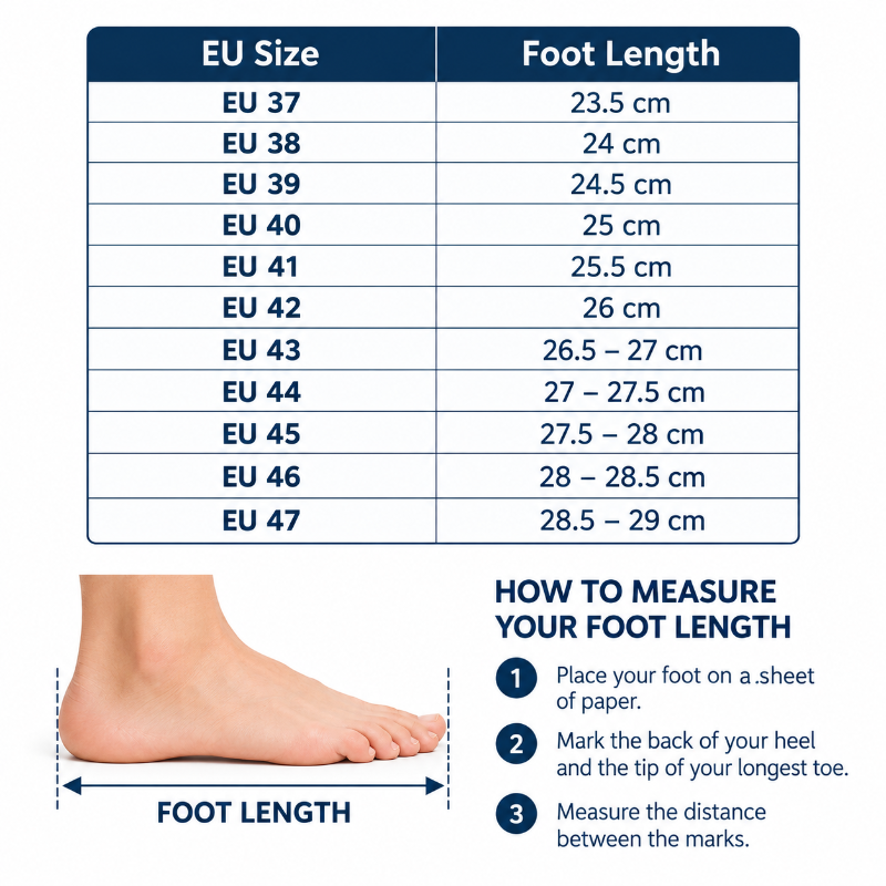 EU size to foot length conversion chart with a table from EU 37 to EU 47, plus a small illustration of how to measure foot length.
