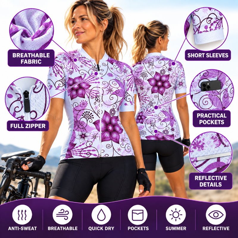 A woman modeling a purple and white floral print cycling jersey, shown from both front and back with feature callouts and icons for breathability, short sleeves, pockets, reflective details, and quick dry.