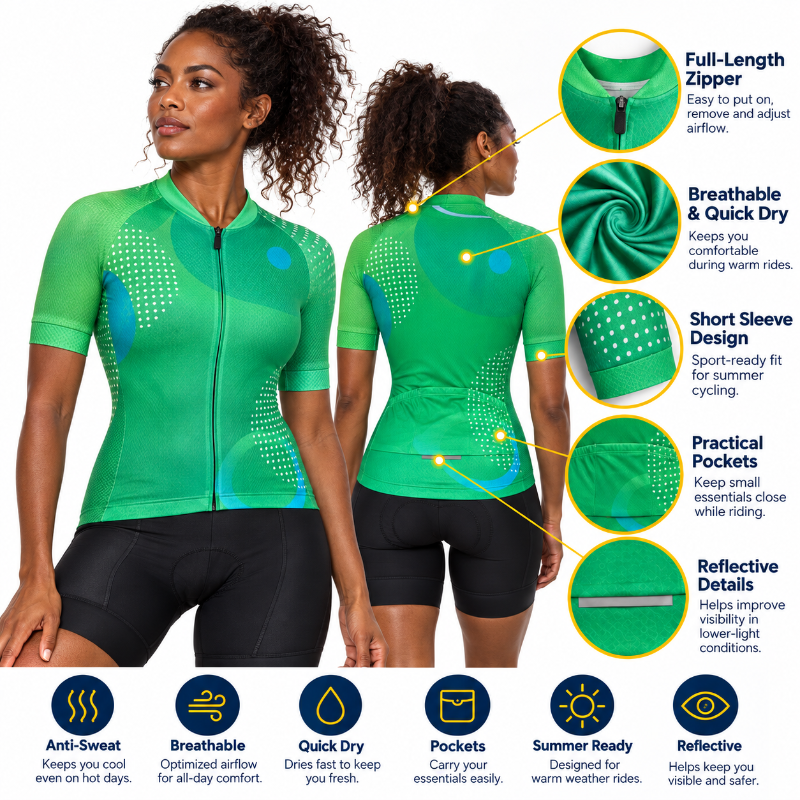 A green and blue cycling jersey shown on a model from the front and back, with feature callouts and icons explaining its breathable quick-dry design, short sleeve fit, practical pockets, reflective details, and anti-sweat technology.