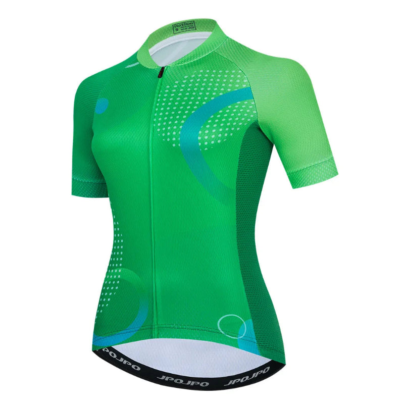 Green cycling jersey with white accents on a white background
