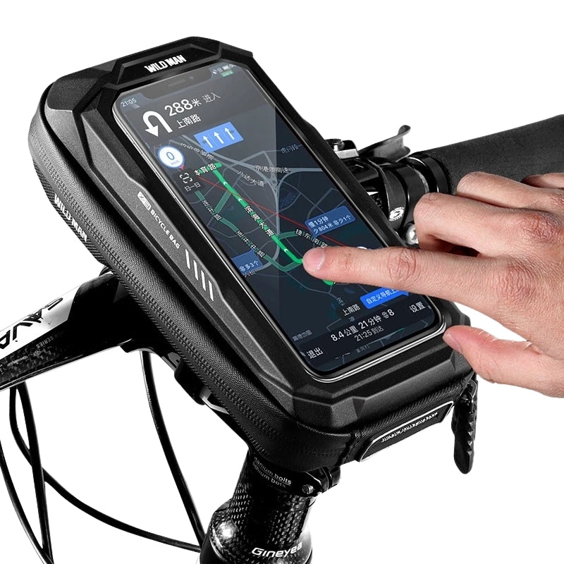 Hand using a smartphone in a black bike mount with a clear background