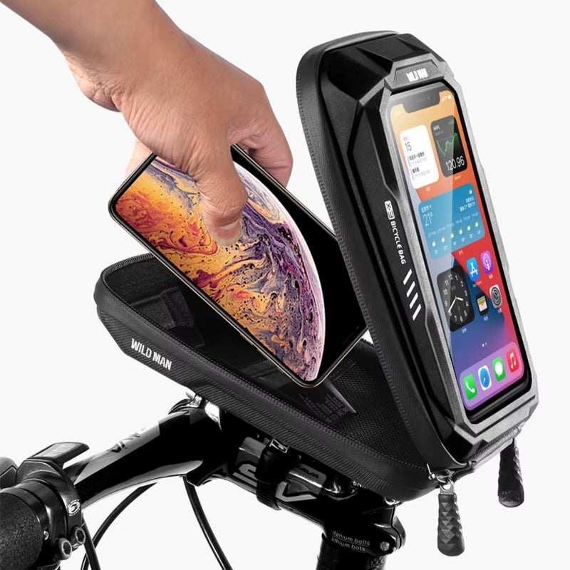 Bicycle phone mount with two smartphones displaying different apps on a white background