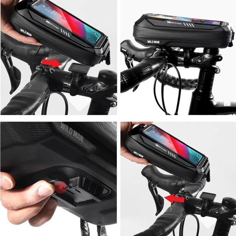 Bicycle phone mount with smartphone displaying a colorful app interface, attached to bike handlebars and seat post.