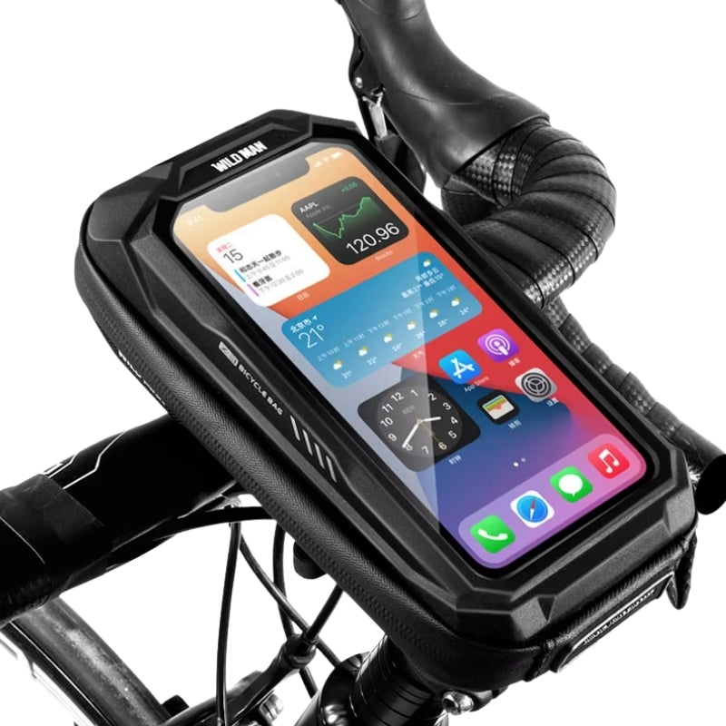 Phone case with a bicycle handlebar mount displaying smartphone screen