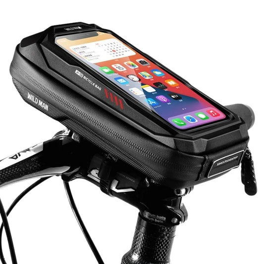 Bicycle handlebar bag with smartphone mount displaying app icons on a white background
