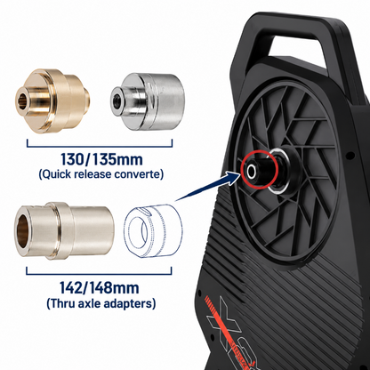 A product diagram showing a black circular wheel hub adapter mounted on a black wheel rim, with inset views of two metal axle adapter cones labeled 130/135mm and 142/148mm, plus blue arrows indicating fitment.