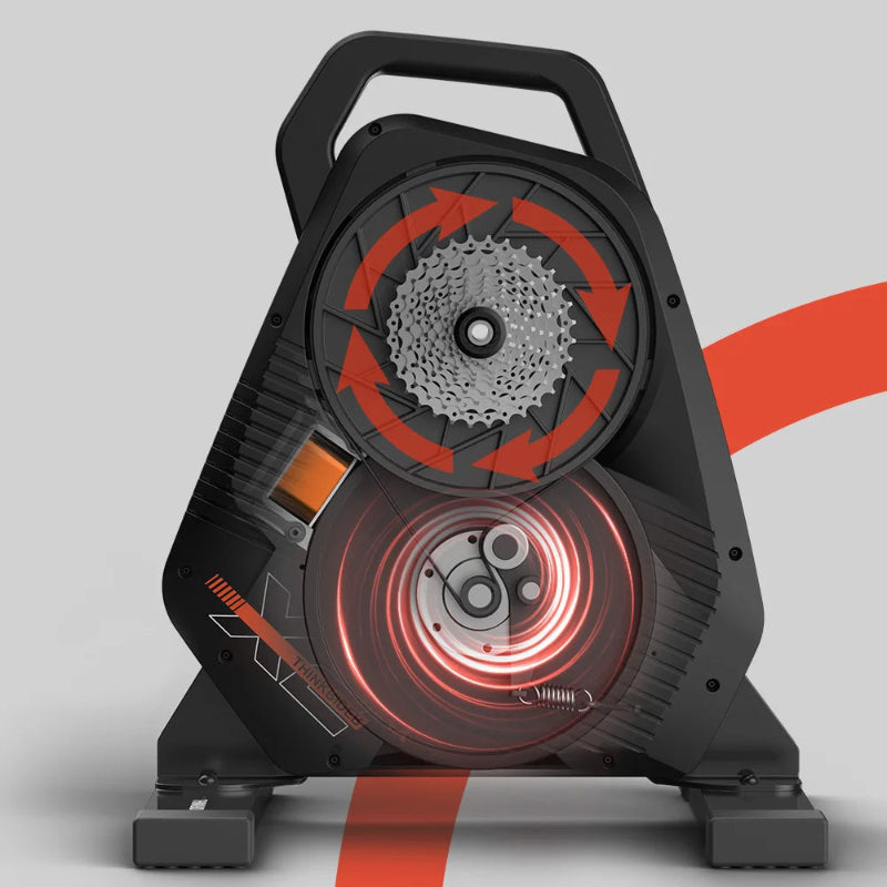 Bicycle trainer with safety features on a gray background