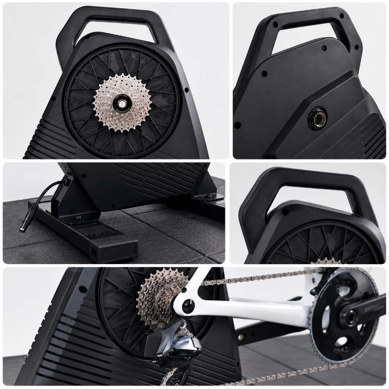 A collage of five product views showing a black indoor cycling trainer with a rear wheel cassette, handle, side panel, pedal connection, and chainring setup on a light gray background.