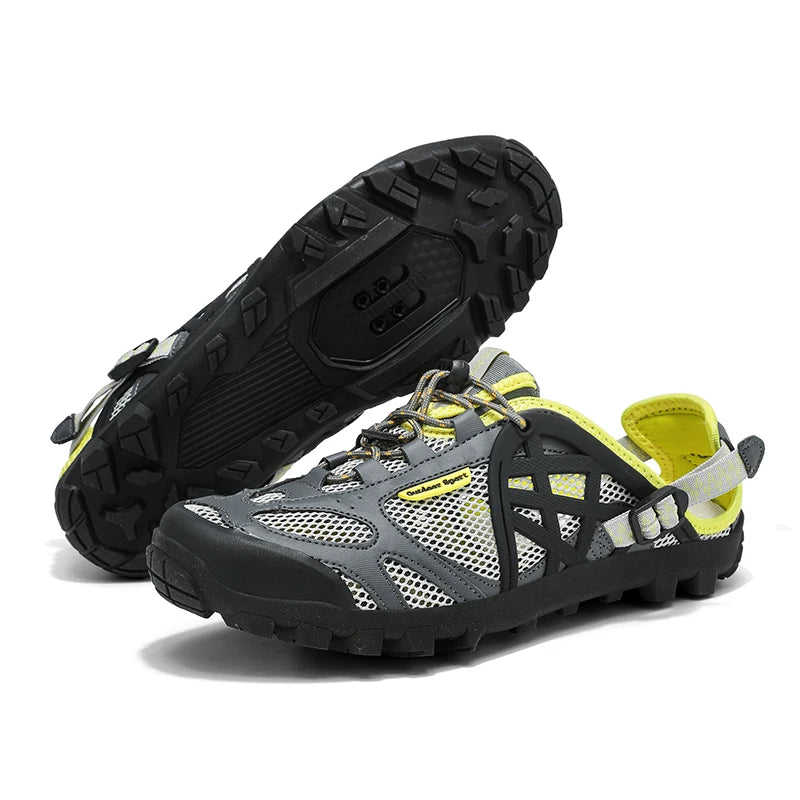 A pair of athletic water shoes shown on a white background, with one shoe standing upright to display the side profile and the other lying on its side to show the textured outsole.