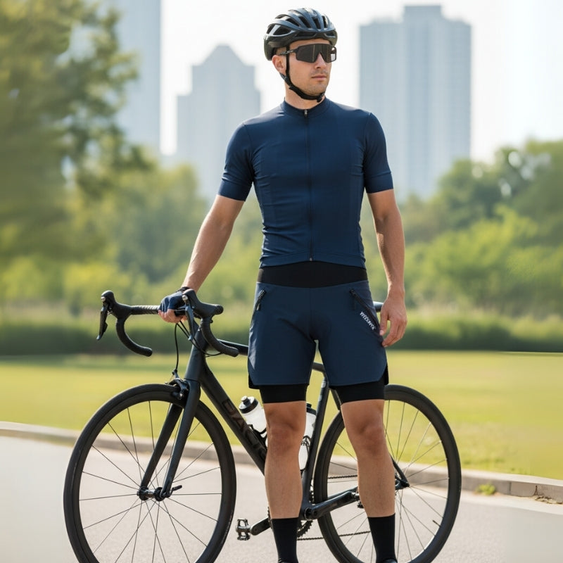 Man in cycling gear standing next to a bicycle with a cityscape background