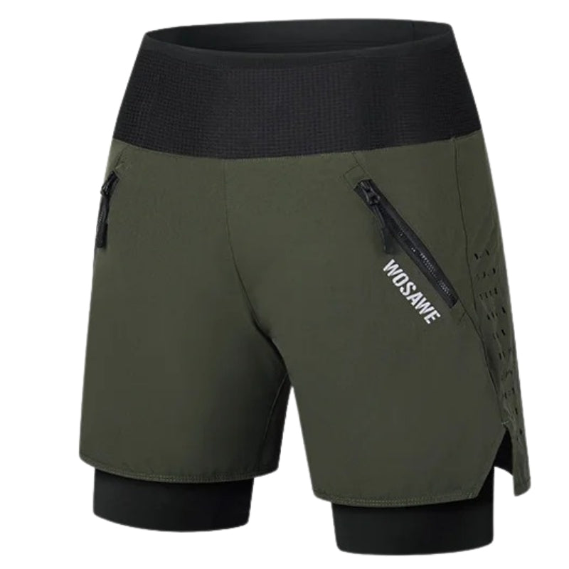 Green athletic shorts with a black waistband and side pocket on a white background