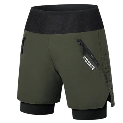 Green athletic shorts with a black waistband and side pocket on a white background