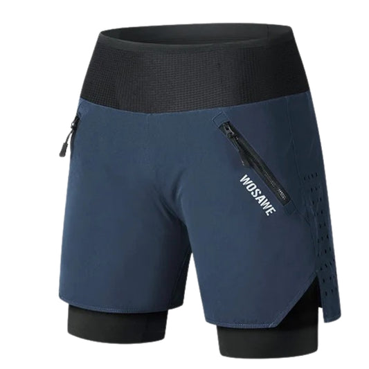 Blue athletic shorts with black waistband and side panels on a white background