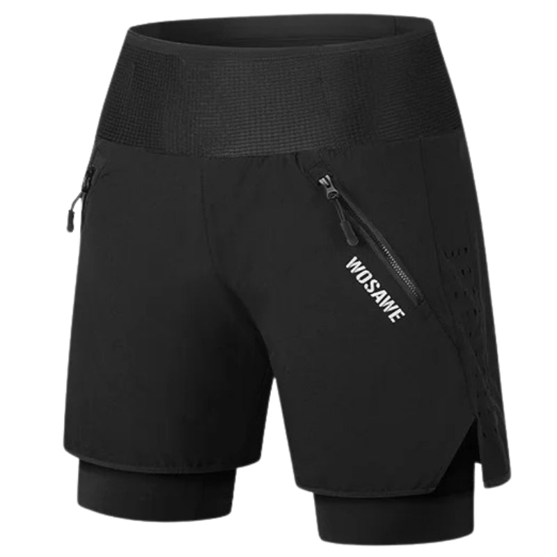 Black athletic shorts with a brand logo on a white background